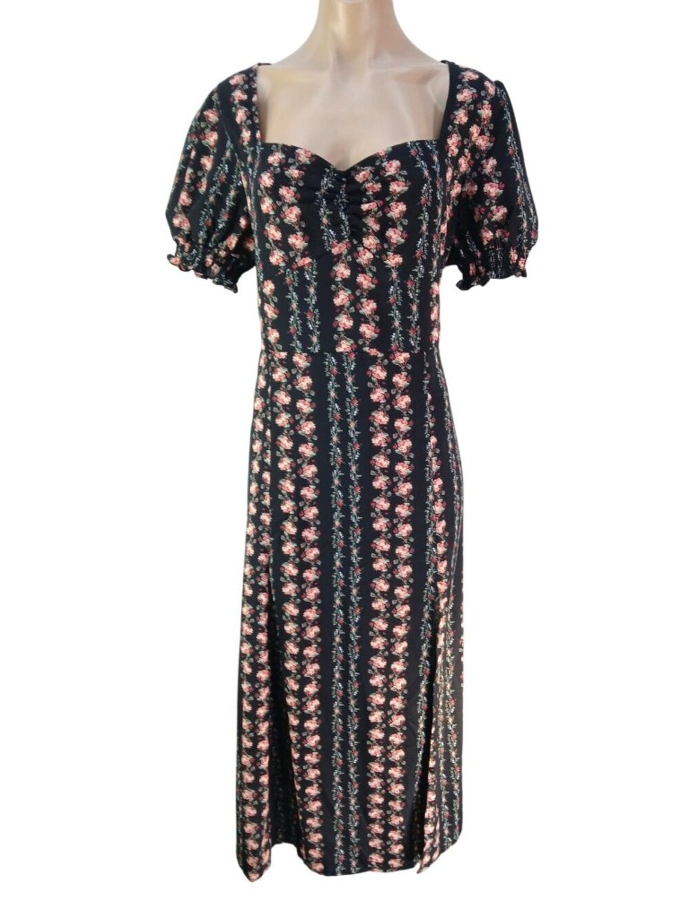 Cupshe Floral Puff Sleeve Midi Dress Sweetheart Neckline Ruched Size XL Black